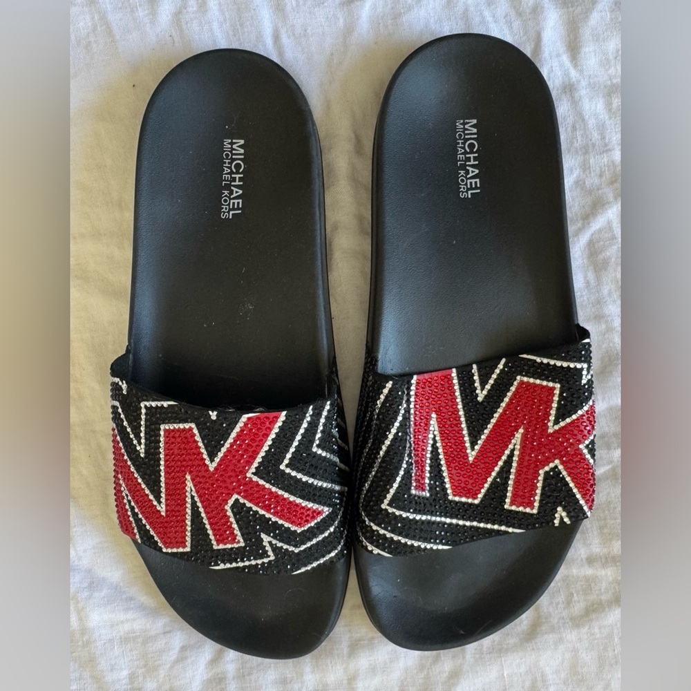 Michael Kors Rhinestone Logo Slides Black Red MK Slip On Sandals